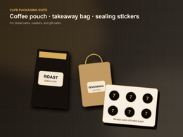 Photorealistic cafe packaging suite mockup with coffee bag labels, cup sleeves, and takeaway seals