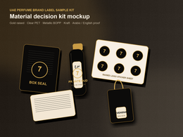 Photorealistic sample kit mockup for UAE perfume brand labels and packaging stickers