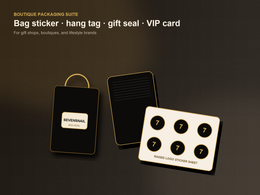 Photorealistic boutique packaging suite mockup with bag stickers, hang tags, gift seals, and VIP cards
