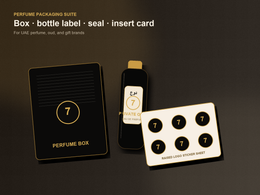 Photorealistic perfume packaging suite mockup with bottle labels, box seals, and luxury cards