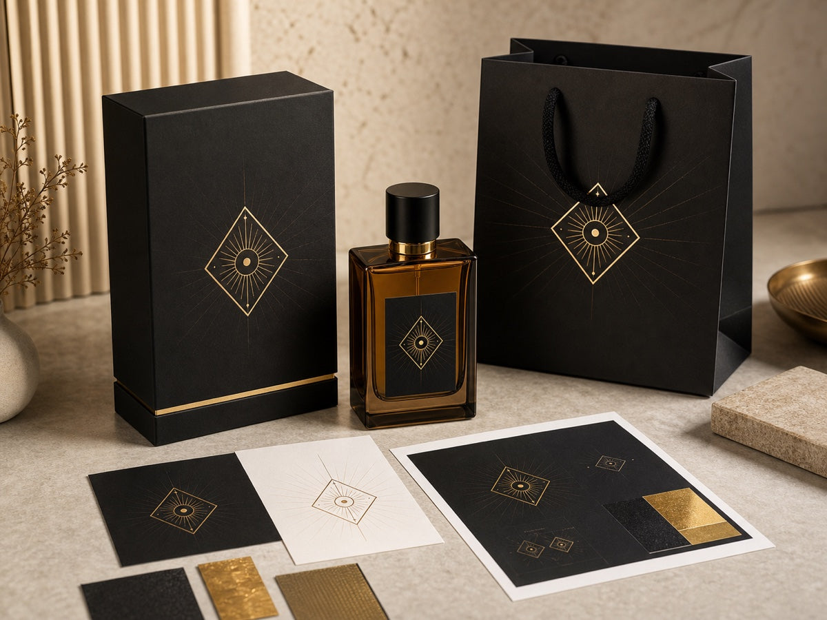 Black and gold fragrance packaging mockup after artwork and finish approval