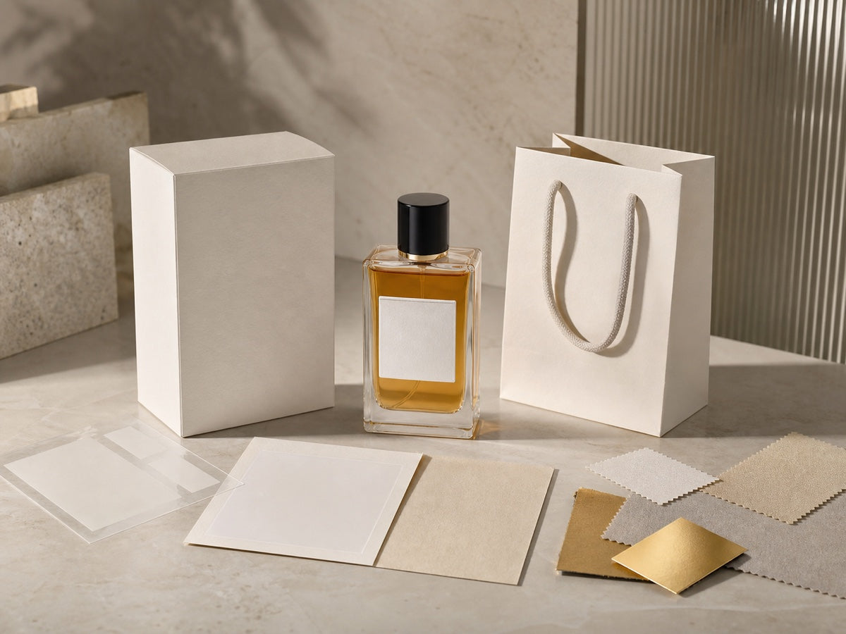 Blank fragrance packaging mockup with label material samples before artwork approval